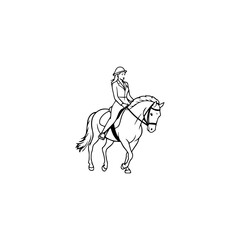 Black and white line art of a beautiful woman with perfect body riding horse elegant minimalist illustration