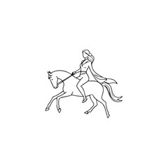 Black and white line art of a beautiful woman with perfect body riding horse elegant minimalist illustration