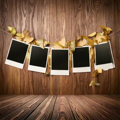 Memories on Display: Blank photo frames hanging from a string, with a wooden wall background that evoke a sense of nostalgia and anticipation, perfect for adding personal photos and memories.