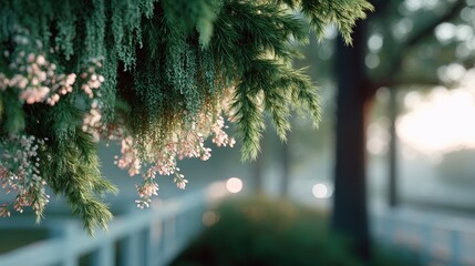 Hanging Moss Closeup with Cinematic Lighting in Garden View Greenery and Pink Flowers in Soft Focus Background