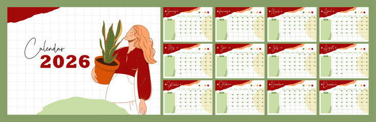 2026 calendar with botanical illustration in minimalist style for planning, scheduling, and organizing.