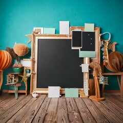 Creative Decor and Empty Blackboard: A stylish arrangement of unique handcrafted decorations, a classic framed blackboard sits prominently on a vintage wooden floor against a teal backdrop.