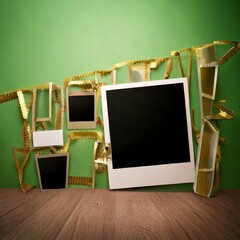 Photo Frames Arrangement: A unique and artistic arrangement of various photo frames is captured against a serene green backdrop.