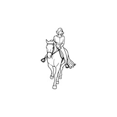 Black and white line art of a beautiful woman with perfect body riding horse elegant minimalist illustration