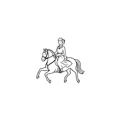 Black and white line art of a beautiful woman with perfect body riding horse elegant minimalist illustration