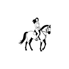 Black and white line art of a beautiful woman with perfect body riding horse elegant minimalist illustration
