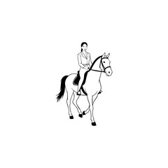 Black and white line art of a beautiful woman with perfect body riding horse elegant minimalist illustration