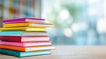 Stack of colorful textbooks and notebooks on classroom desk, showcasing vibrant hues and organized study materials, perfect for educational themes and learning environments