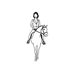 Black and white line art of a beautiful woman with perfect body riding horse elegant minimalist illustration
