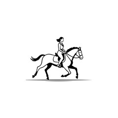 Black and white line art of a beautiful woman with perfect body riding horse elegant minimalist illustration