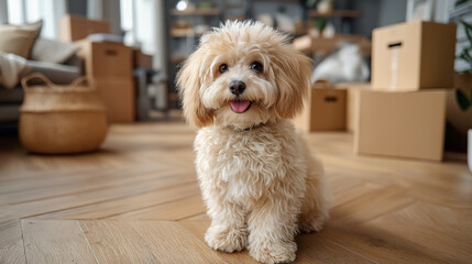A dog standing in front of boxes in an apartment, moving to a new apartment, pet-friendly	
