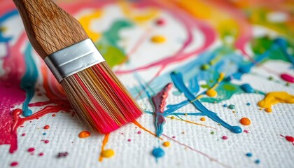 Fototapeta premium Close-up of a brush with bright, colorful paint strokes spread across a canvas with copy space for text.