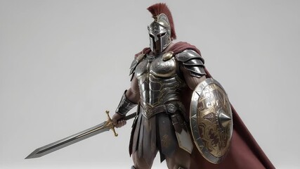 A detailed studio shot of a Spartan warrior in full armor, holding a sword and shield. - Powered by Adobe