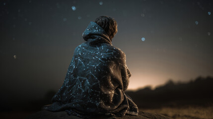 Quiet winter night with falling snow and lonely man looking forward in knitted cardigan with star map. Concept of reflection and quiet solitude