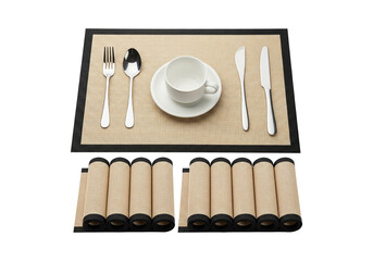 Rectangular Woven Placemats with Black Borders – Dining Table Mats Set of 6 with Cup, Saucer, Fork, Knife, and Spoon – Multiple Color Options – Flexible Rollable Design on White Background