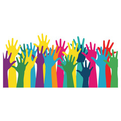 Colorful hands raised in the air, representing unity and support.