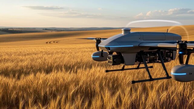 Medium shot of precision harvesting drone flying low over golden wheat fields scanning crops for optimal harvest timing with advanced sensors.