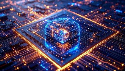 Abstract glowing brain atop circuit board with network lines, bokeh, and vibrant colors