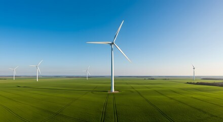 Fototapeta premium Wind turbines generating clean, renewable electricity in a vast green agricultural field under a clear blue sky