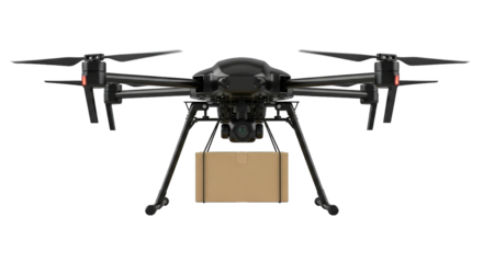 A sleek, dark drone carries a rectangular cardboard box suspended beneath it in mid-air delivery.