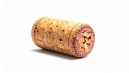A close-up studio shot of a natural cork stopper, isolated on a white background
