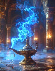 Magical lamp with glowing blue smoke in a grand hall