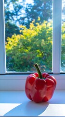 Red bell pepper on windowsill, garden view (1)