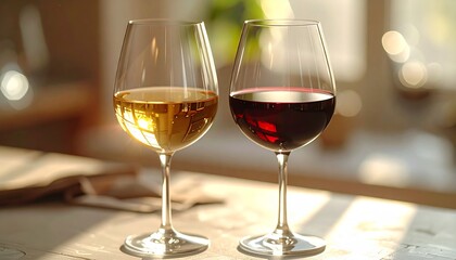 Naklejka premium Elegant Wine Tasting A Captivating Duo of Red and White Wine in Crystal Glasses