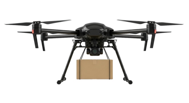 A sleek, dark drone carries a rectangular cardboard box suspended beneath it in mid-air delivery.