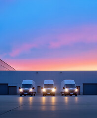 White delivery vans parked front of warehouse in morning, ready to start transporting goods. Generative AI