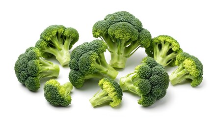 Fresh green broccoli florets, isolated on a white background.