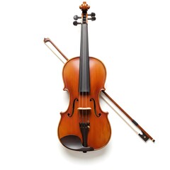 Fototapeta premium Elegant Wooden Violin and Bow Laid Flat on a Clean White Background, Ready for Classical Music Performance or Practice, Overhead Studio Shot