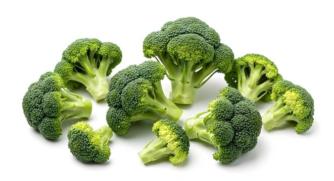 Fresh green broccoli florets, isolated on a white background.
