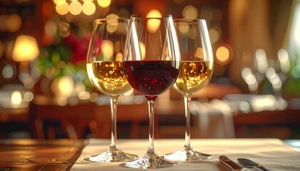 Elegant red and white wines in three sophisticated glasses, beautifully arranged on a restaurant table with a warm, inviting glow, setting the scene for a refined evening of taste and enjoyment