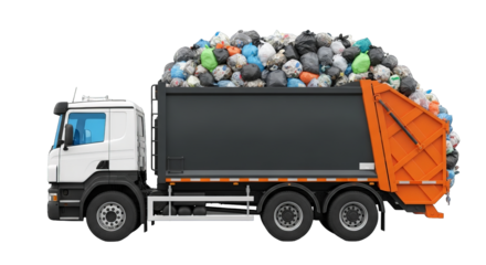 A white garbage truck is overflowing with bags of trash, ready for collection and disposal today.