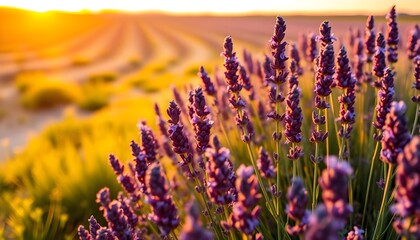 Fototapeta premium Lavender flowers bloom in vast fields as the sun sets with a warm golden glow.