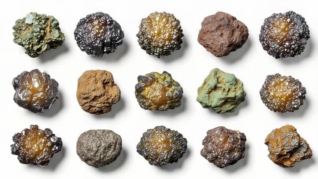 Fifteen spherical mineral specimens of various colors and textures, arranged on a white surface.
