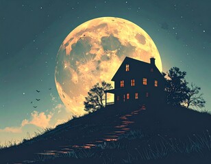 Naklejka premium Mystical Moonlight Manor A Silhouette of a House Under a Giant Moon on a Hilltop