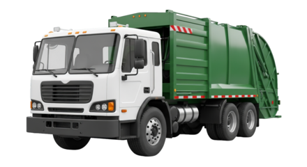 Isolated rendering presents a white and green garbage truck conveying strength, waste management