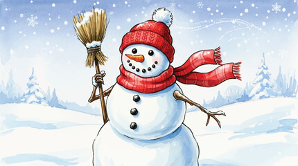 Obraz premium watercolor christmas snowman with red scarf and hat standing in snowy field, hand painted watercolor snowman with red winter scarf and hat in snow, festive watercolor christmas snowman illustration 