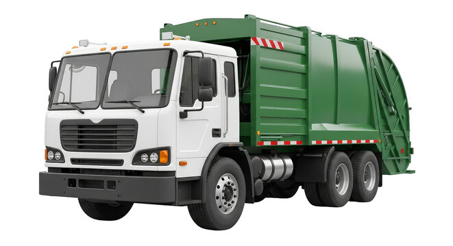 Isolated rendering presents a white and green garbage truck conveying strength, waste management