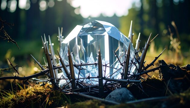 Large Gemstone Surrounded by Thorns in a Forest Setting