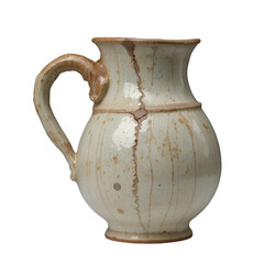 ceramic jug with uneven glaze and rustic handle on a white background.
