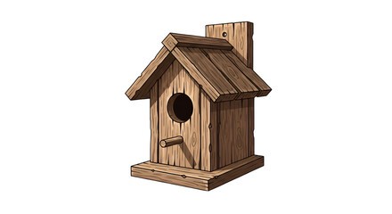 Illustration of a wooden birdhouse with small cracks and rustic texture on a white background.