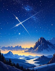 Mountain vista at night with a shooting star