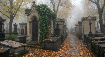 Misty cemetery path with autumnal foliage