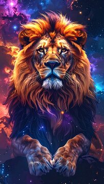 Majestic lion in cosmic background
