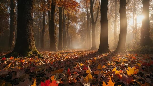 Golden Hour Autumn Forest Floor Panning Background. The slow panning motion and warm sunlight create a peaceful and beautiful background for Thanksgiving, fall, or nature-themed projects.