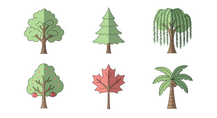 Set of different trees in a simple flat design, each representing a unique type, arranged to showcase diversity. Vector illustration