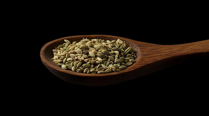 Macro Close-up Wooden spoon filled with dried oregano a flavorful herb used in cooking isolated on a black background isolated on black background